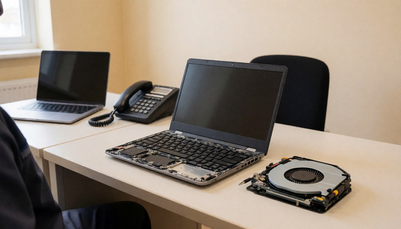 New fan placed on a disassembled laptop on a clean workbench in an electronics repair shop