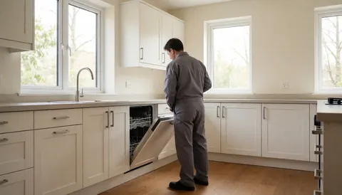 Technician in gray uniform checking inside an open dishwasher in a modern kitchen with white cabinets and wood floor