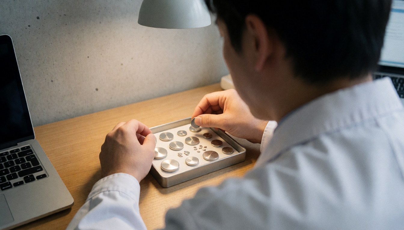 Watch repair technician selecting a silver battery from a metal tray under desk light with concrete wall background and text space