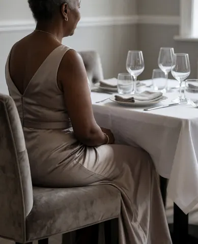 A woman in a formal dress sits on a velvet chair, looking at an elegant table with dinnerware and wine glasses in a light gray restaurant.