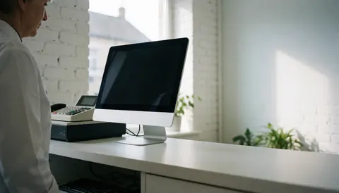 Clean laundry reception area featuring a desk with a monitor and cash register against a white brick wall with natural light and text space