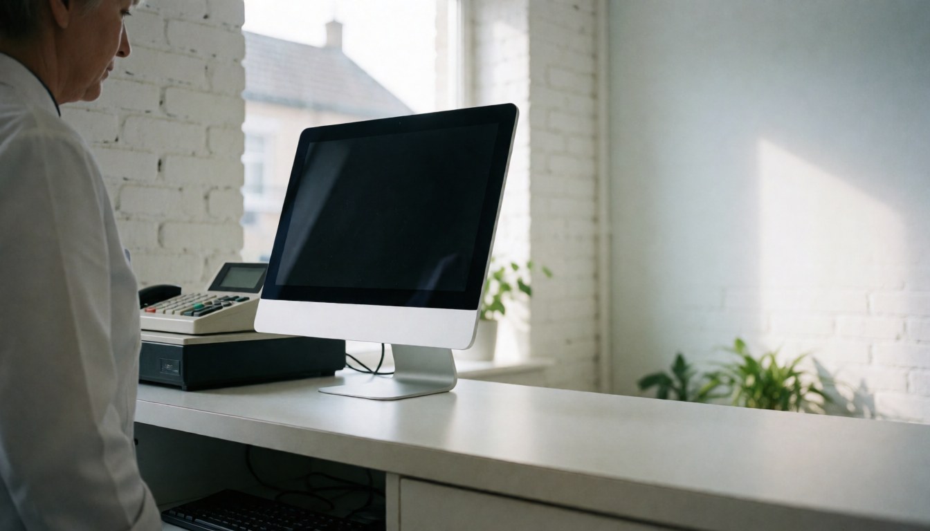 Clean laundry reception area featuring a desk with a monitor and cash register against a white brick wall with natural light and text space