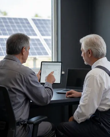 Technician explains solar panel data on a tablet to a customer with visible panels and a work table in a gray interior setting