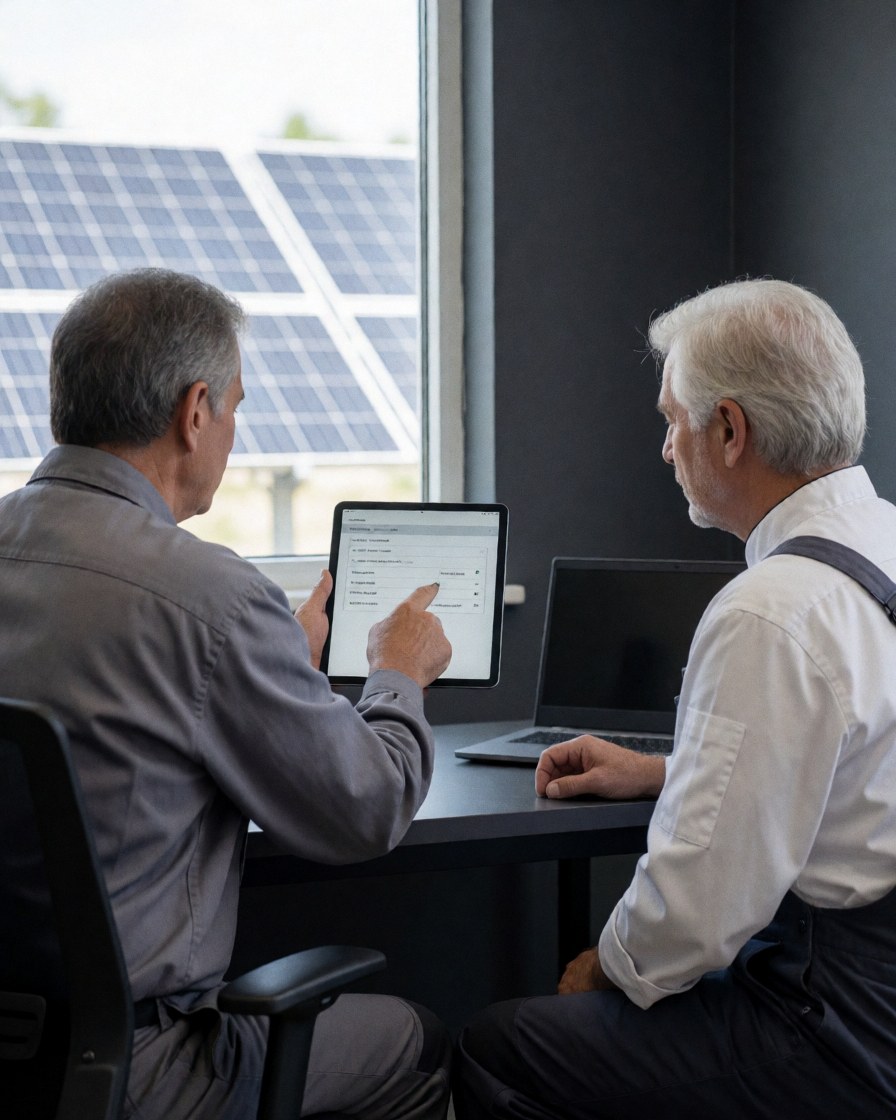 Technician explains solar panel data on a tablet to a customer with visible panels and a work table in a gray interior setting