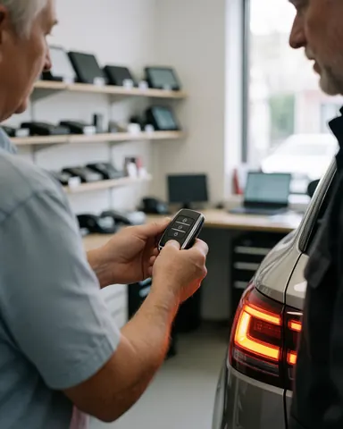Customer testing a remote key fob in an auto accessory store with a responsive taillight and product shelves in the background
