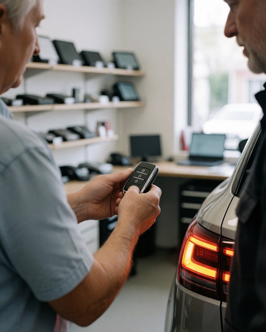 Customer testing a remote key fob in an auto accessory store with a responsive taillight and product shelves in the background