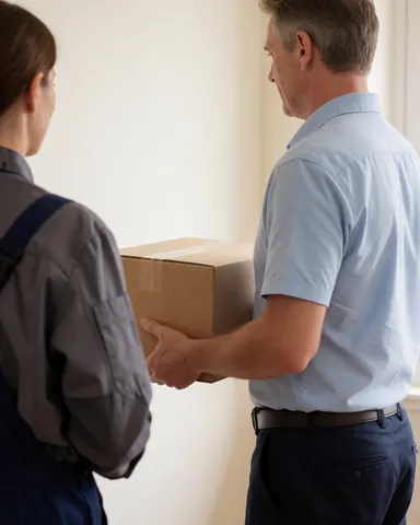A delivery worker in uniform hands a package to a customer at the front door, illustrating last-mile logistics service in action