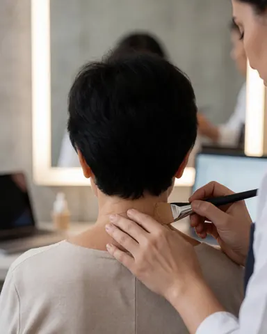 Makeup artist applying foundation with a brush to a client's neck in a studio with a concrete wall and lighted mirror
