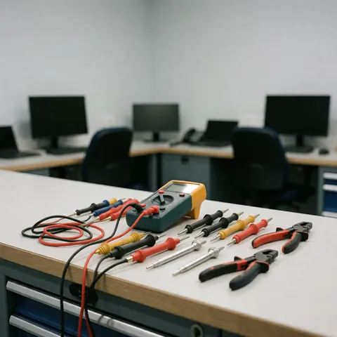 A multimeter with test leads and pliers sits on a workbench in a professional electrical workshop with computers in the background.