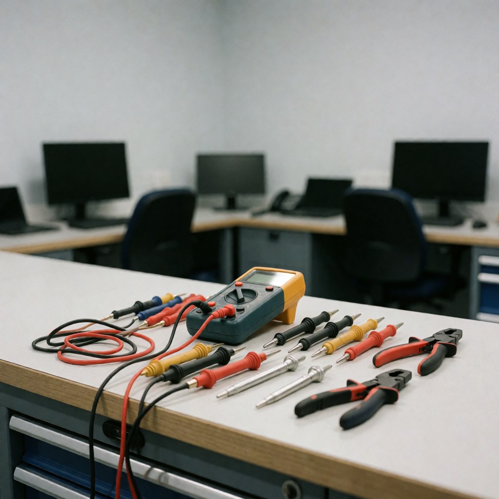 A multimeter with test leads and pliers sits on a workbench in a professional electrical workshop with computers in the background.