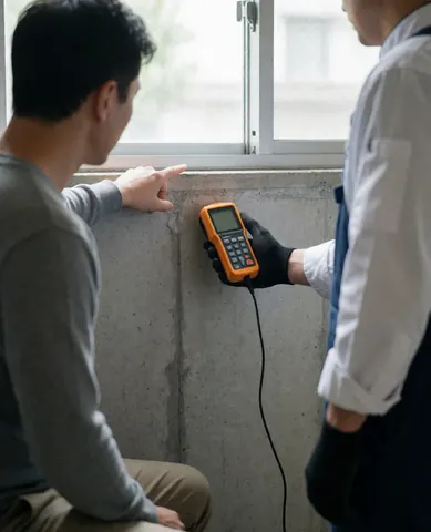 A client points to a water stain on a concrete wall while a technician uses a moisture meter for waterproofing diagnosis.