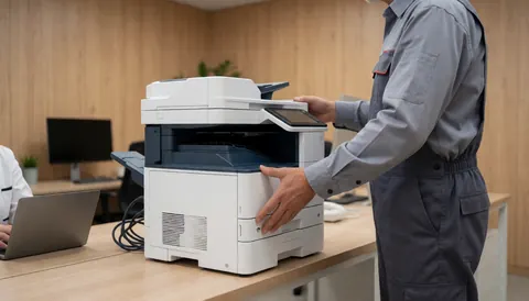 Technician places a white multifunction printer on a light wood desk in a modern office with soft lighting.