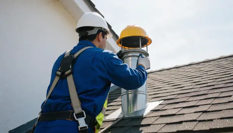 Heating technician installs a metal chimney cap on a rooftop under bright sunlight while wearing a hard hat and safety harness.