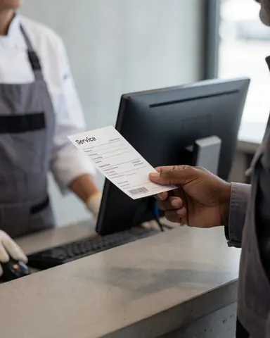 A customer receives a service ticket from staff at a repair counter with a computer visible in the background