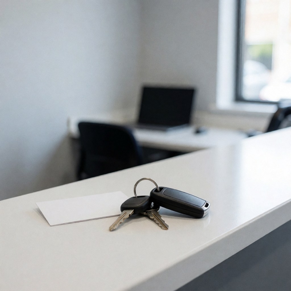Modern car keys and a card on a white counter with light gray walls and natural light, suitable for automotive service.
