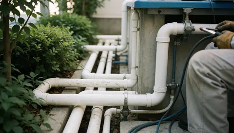 PVC pipes installed beneath a swimming pool with a professional worker connecting them, surrounded by vegetation in a realistic pool construction scene.
