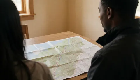 Two individuals examine a topographic map spread out on a wooden table inside a mountain hut with beige walls.