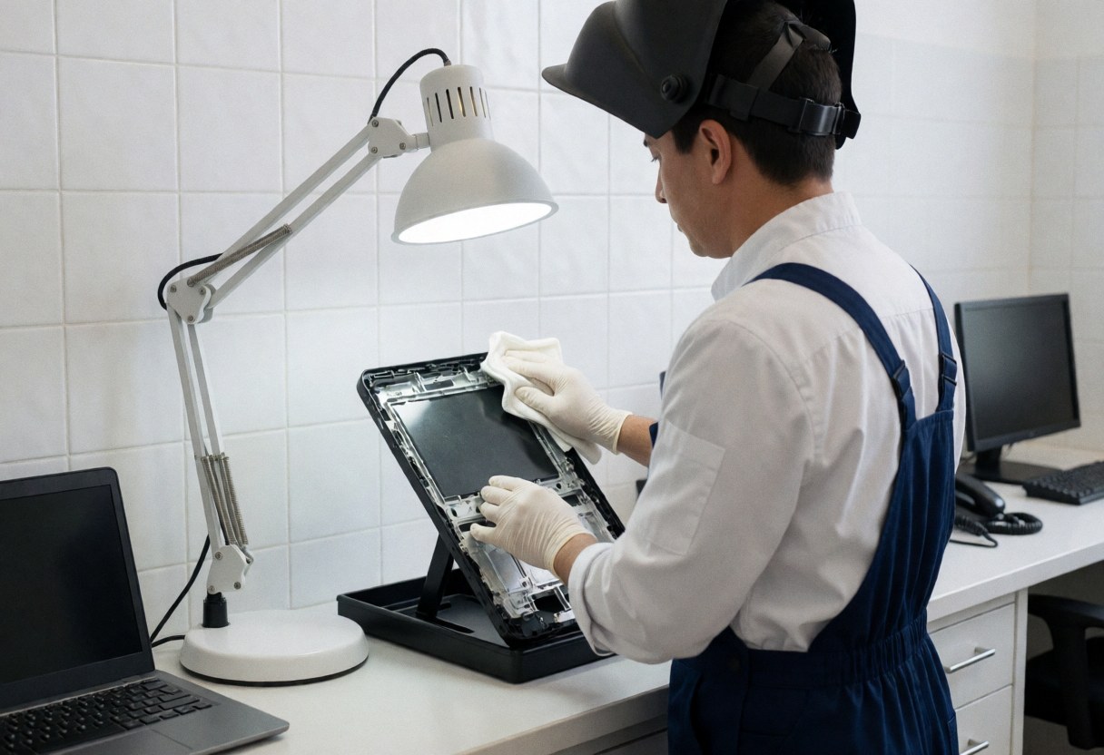 Technician wearing a welding mask cleans a disassembled console under a work light in a repair workshop.