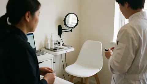 A professional piercer in a salon using a magnifying mirror, with a white chair and aftercare products visible against warm white walls.