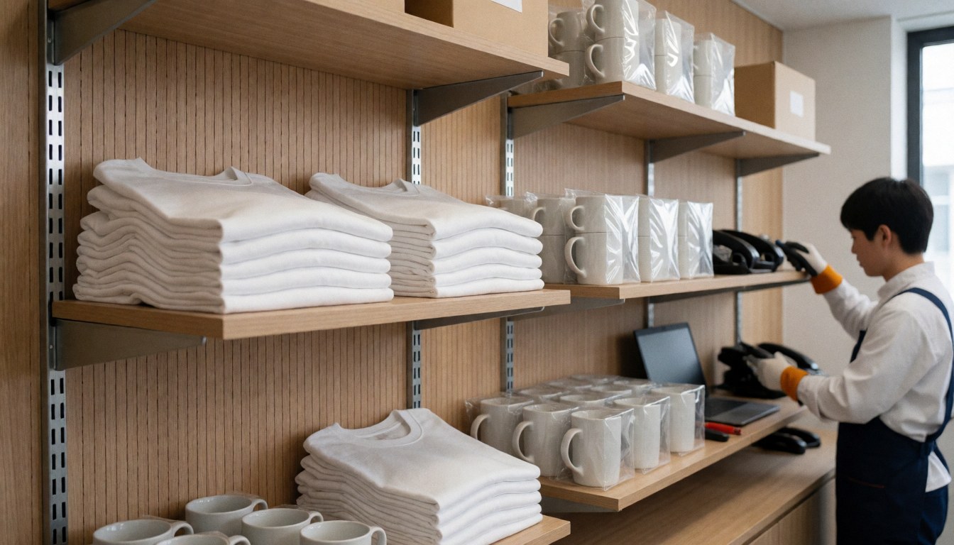 Metal shelving unit displaying white t-shirts and mugs for textile printing business products