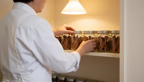 A professional organizing glass jars of cinnamon on a shelf with warm lighting and a tidy cabinet background