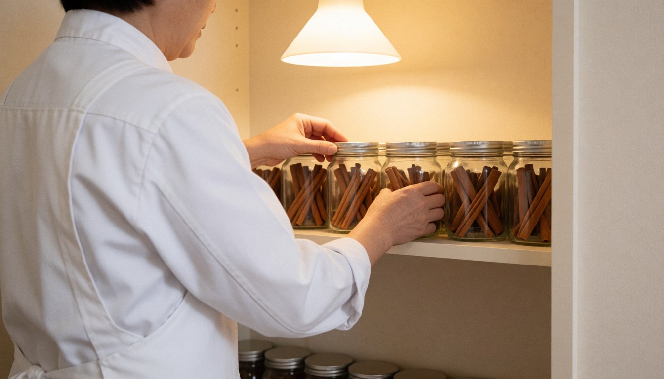 A professional organizing glass jars of cinnamon on a shelf with warm lighting and a tidy cabinet background