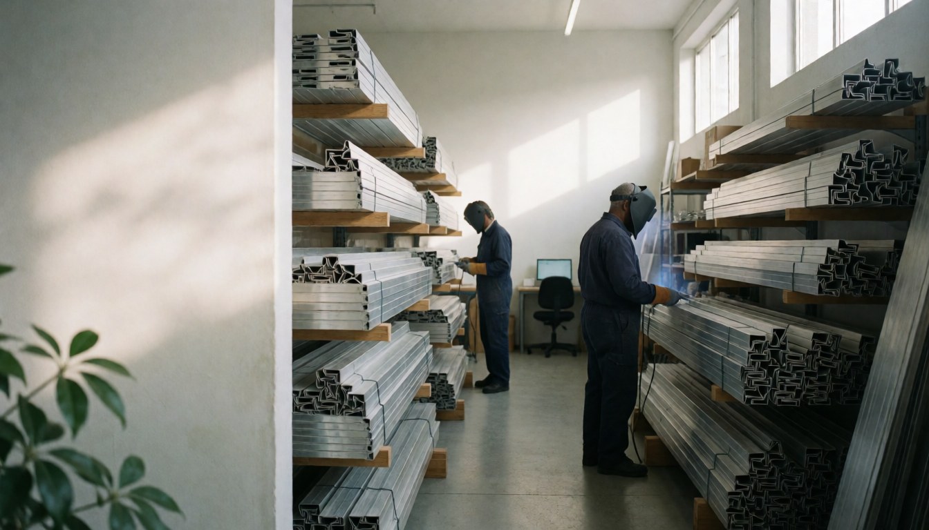 Two workers in an aluminum warehouse, one wearing a welding helmet and the other using a tablet, with natural light and organized metal profiles.