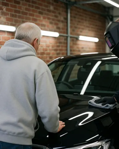 A happy customer inspects the shiny hood of a black car at a professional car wash facility.