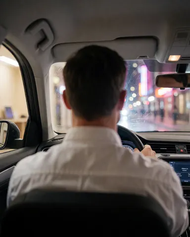 Close-up view of a driver's hands on the steering wheel inside a car at night with city neon lights visible through the window
