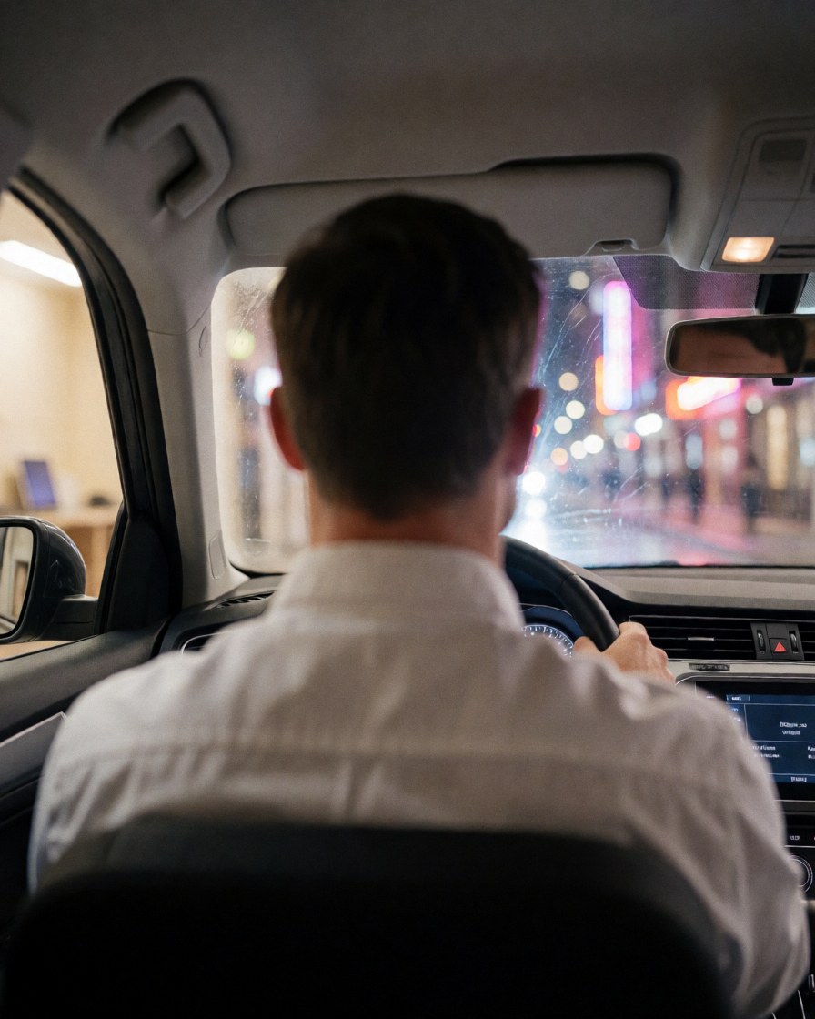 Close-up view of a driver's hands on the steering wheel inside a car at night with city neon lights visible through the window