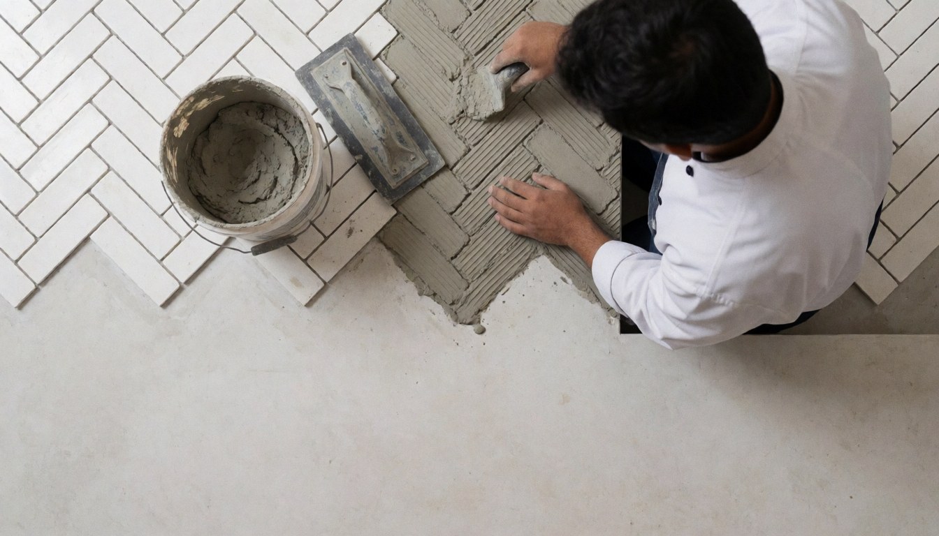A tiler spreads gray grout over white herringbone tiles from above, with a trowel and bucket nearby.