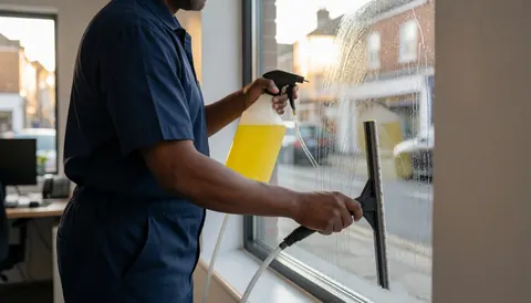 Professional window cleaner in blue uniform using a squeegee to apply yellow cleaning product on a window with street reflections and sunlight.