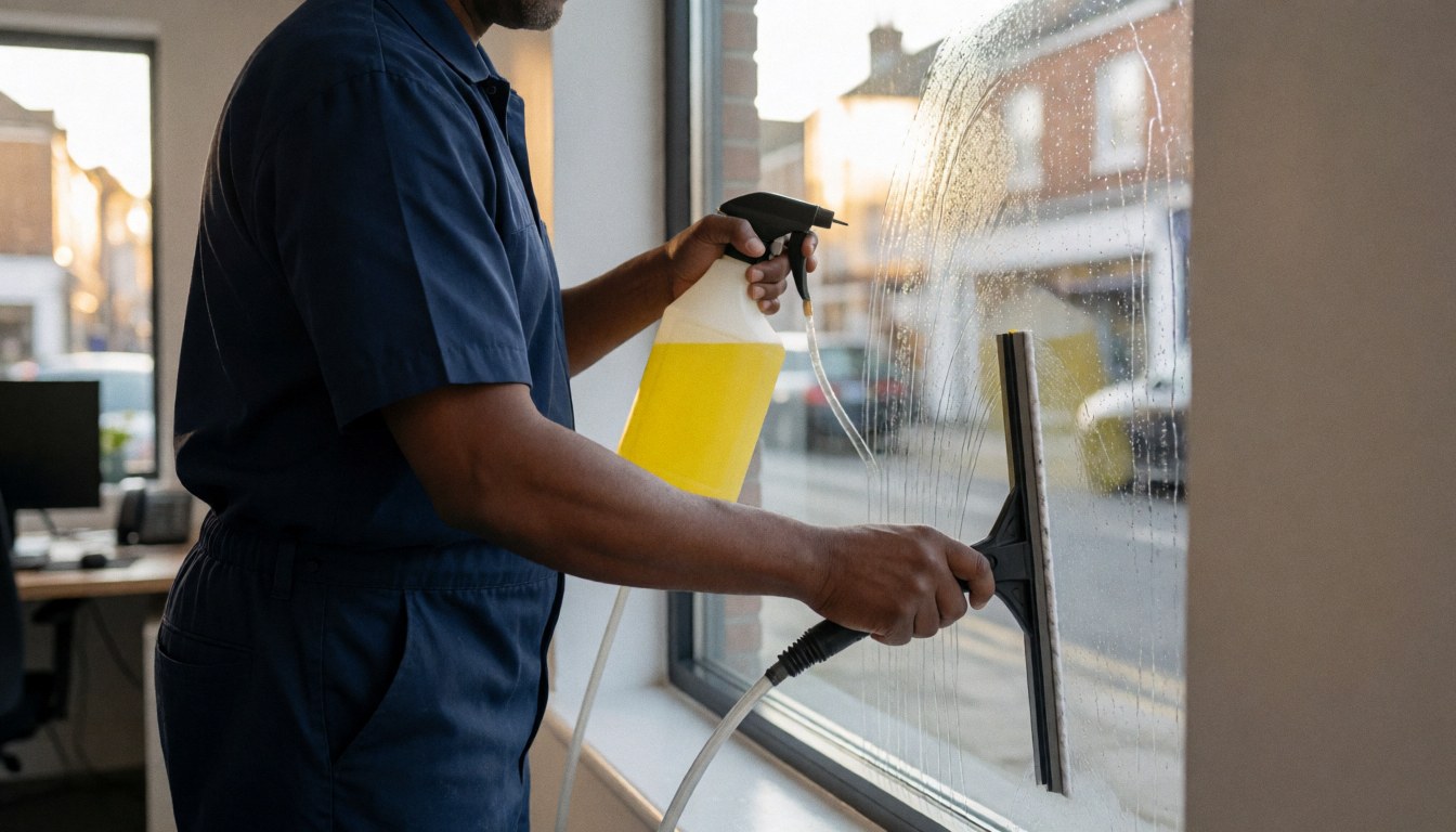 Professional window cleaner in blue uniform using a squeegee to apply yellow cleaning product on a window with street reflections and sunlight.