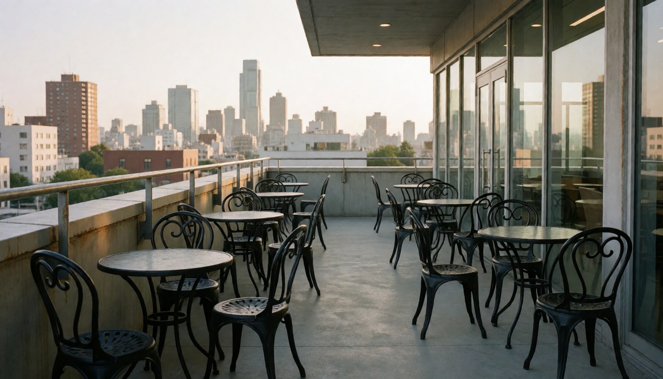 Empty outdoor terrace featuring tables and wrought iron chairs with a city skyline view at sunset, suitable for events.