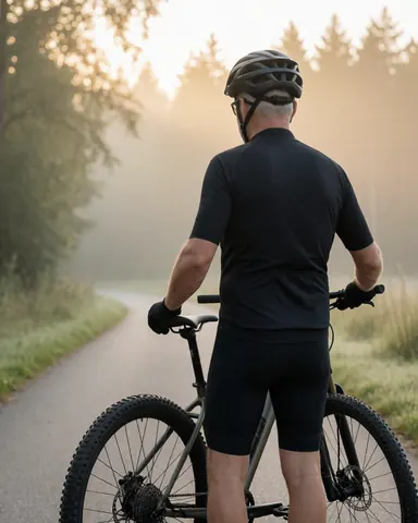 A cyclist wearing a helmet and mountain bike prepares to ride on a foggy trail at dawn, suitable for cycling instructors.