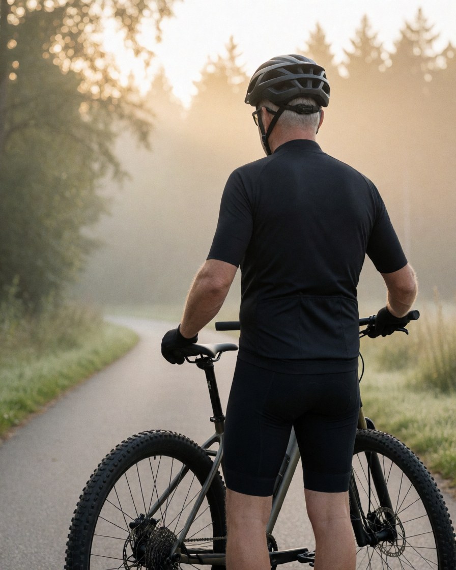 A cyclist wearing a helmet and mountain bike prepares to ride on a foggy trail at dawn, suitable for cycling instructors.
