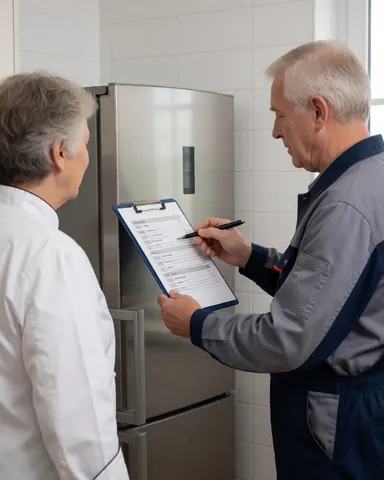 Technician in uniform reviewing a checklist in front of a stainless steel refrigerator in a kitchen with white tiled walls.