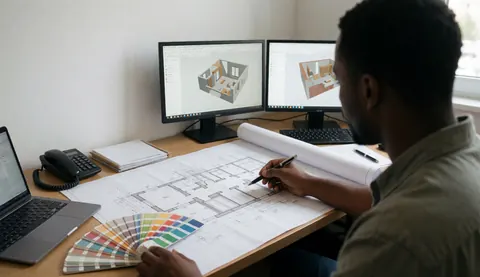 Architectural blueprints and color swatches on a wooden desk alongside computer monitors displaying 3D renders.