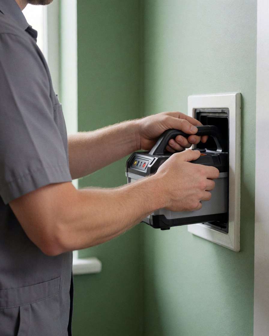 A technician in a gray uniform charging a battery on a green wall with visible lights and professional equipment.
