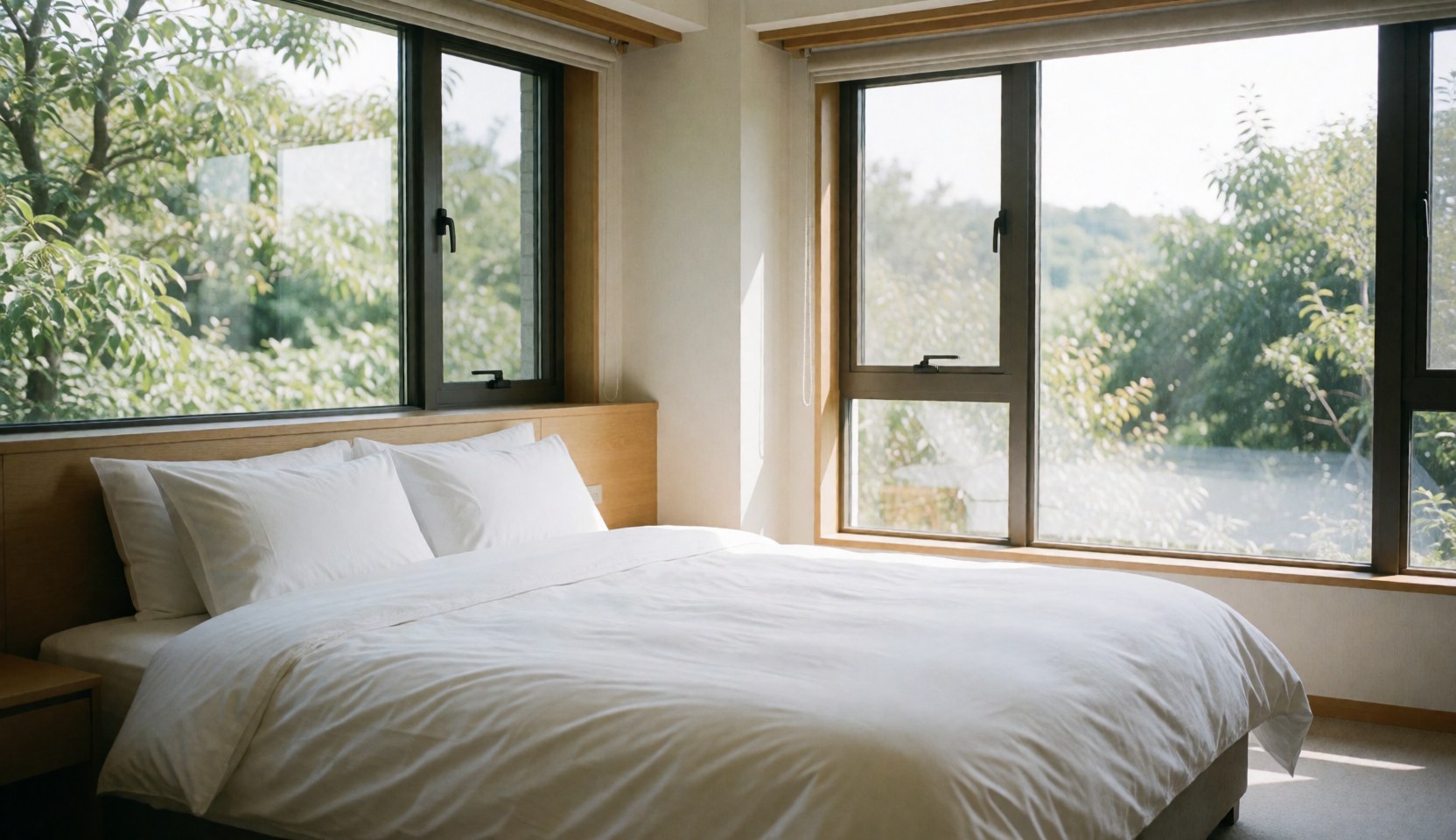 Large bed with white linen in a room with large windows overlooking greenery, ideal for a vacation rental website hero image