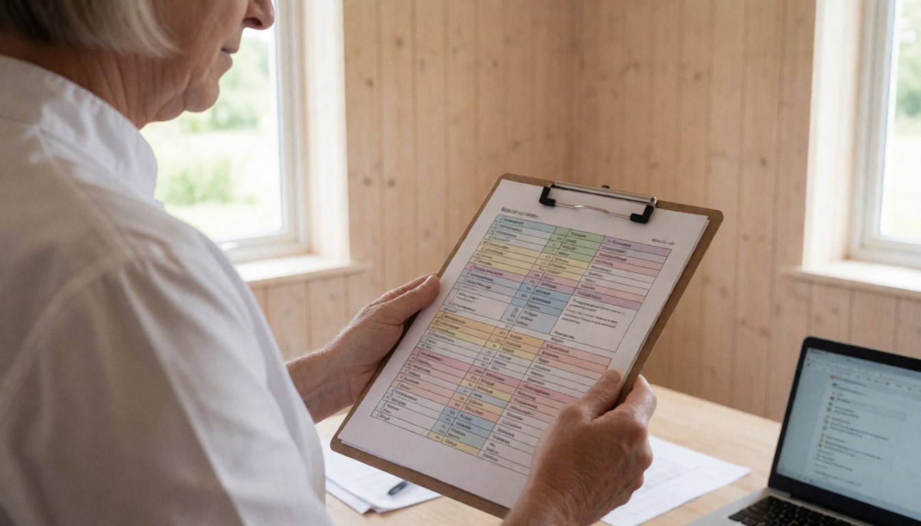 A wedding planner reviews a colorful run of show document in an office with light wood walls and an open laptop.