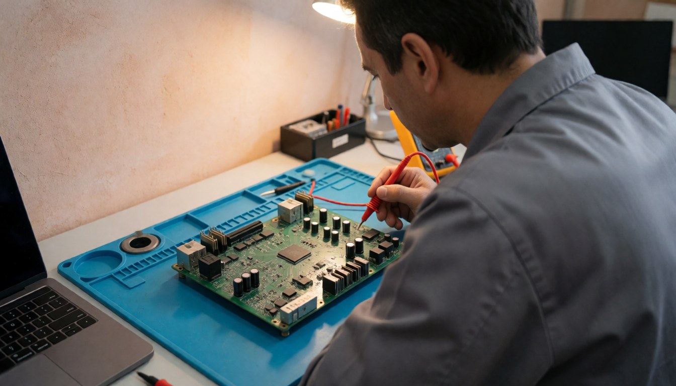 A technician inspects a green motherboard using a multimeter on a blue anti-static mat in an electronics repair workshop.