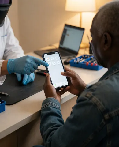 A technician wearing gloves repairs a smartphone while pointing to the screen for a client in a workshop with tools and warm lighting.