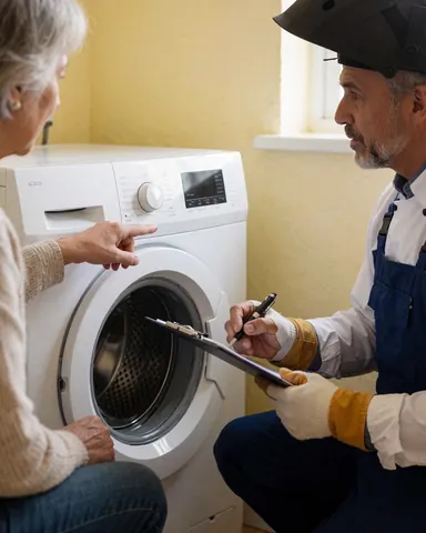 Technician wearing a welding helmet takes notes on a clipboard while a customer points to a washing machine in a room with yellow walls and natural light.