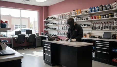 Worker wearing welding helmet in auto shop with product shelves, pink walls, and natural light