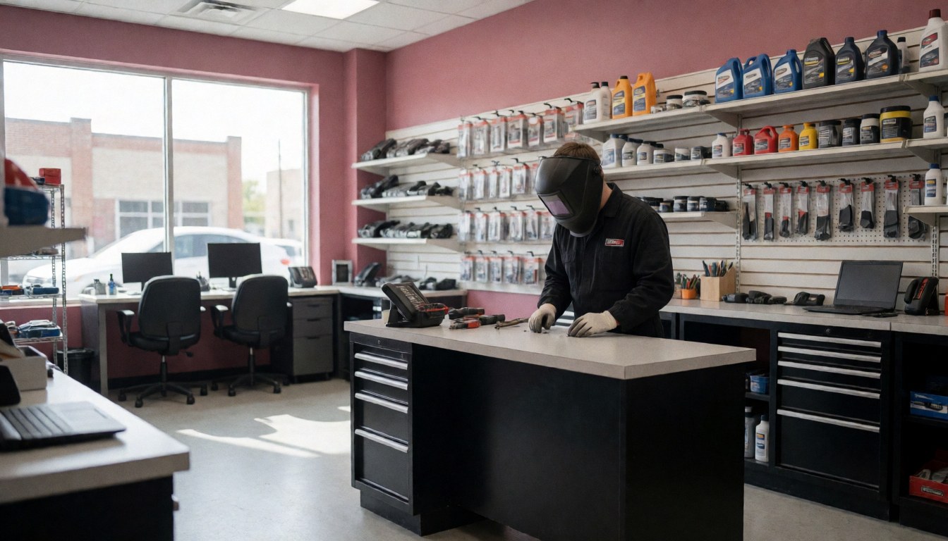 Worker wearing welding helmet in auto shop with product shelves, pink walls, and natural light