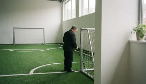 Adult working on indoor soccer field with green turf and white lines near metal goal
