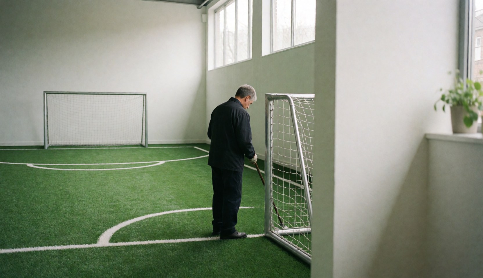 Adult working on indoor soccer field with green turf and white lines near metal goal