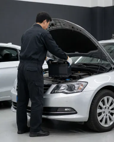 Technician placing a car battery into a silver vehicle with the hood open in a repair shop