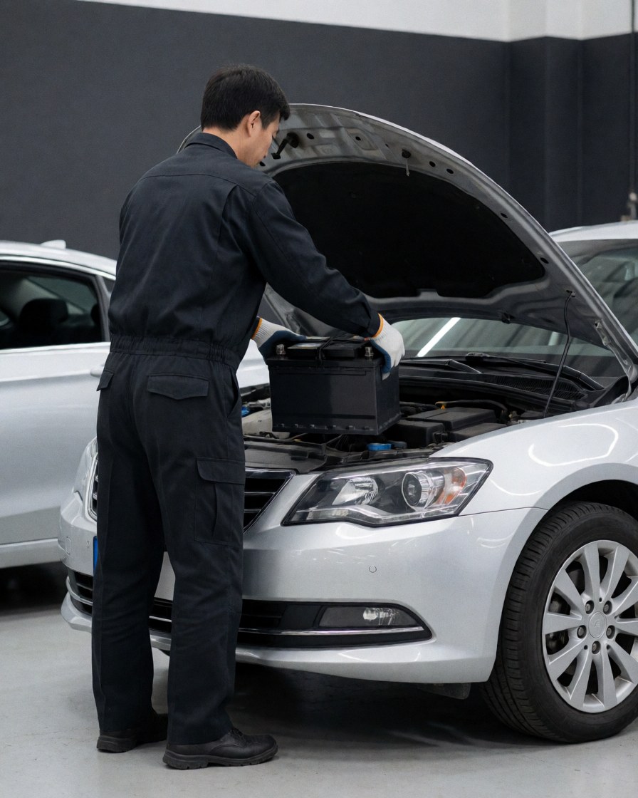 Technician placing a car battery into a silver vehicle with the hood open in a repair shop